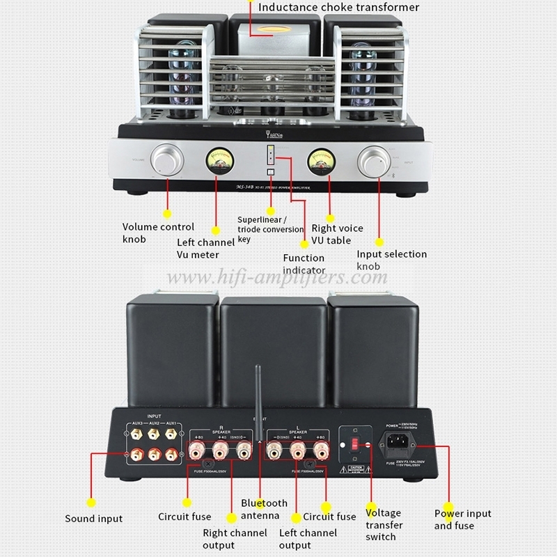 YAQIN MS-34B Combined-Type Push-pull EL34 Bluetooth Tube Preamplifiers HiFi TR/UL 4 way-input